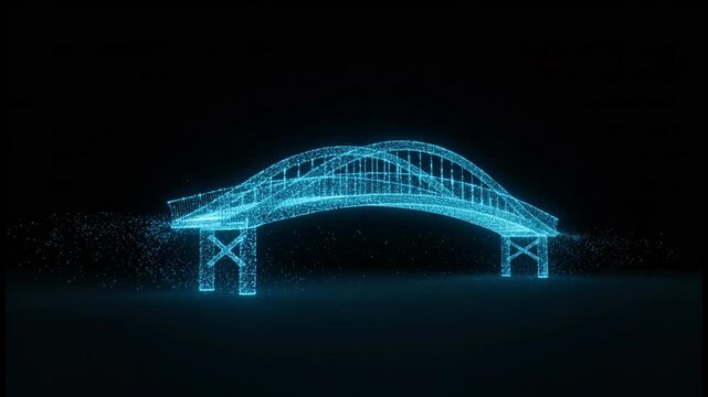 Abstract Digital Bridge Animation with Particle Effects in a Dark Environment