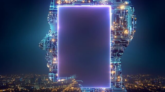 Digital circuit head silhouette with glowing neon lines and futuristic cityscape, artificial intelligence technology innovation, abstract modern electronic conceptual illuminated emotionless
