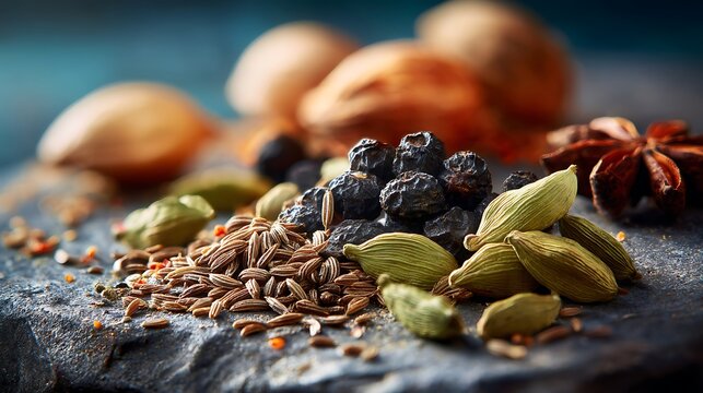 Spices and herbs on a stone surface, cumin seeds, cardamom pods, raisins, star anise, blurred nuts in background
