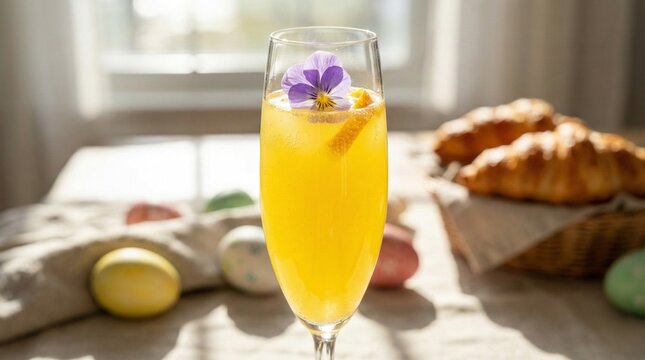 Mimosa Cocktail with Edible Flower and Croissants for Easter Brunch Setting