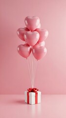 Cluster of pink heart balloons tied to gift box on pink background