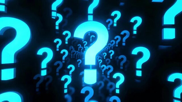 Numerous glowing, bright blue digital question marks illuminate a deep, dark background, symbolizing uncertainty, mystery, and complex inquiries demanding immediate answers for viewers.
