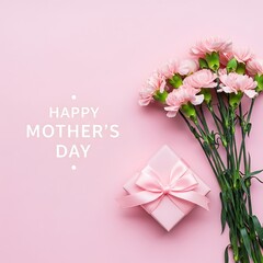 Pink carnation bouquet and gift box on pastel background for Mother's Day