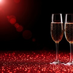Two champagne flutes toasting with bubbles in romantic red lighting