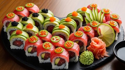 Assorted Sushi Rolls with Garnishes.
