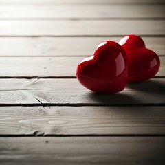 Red glossy heart shape resting on light wooden planks for love celebration