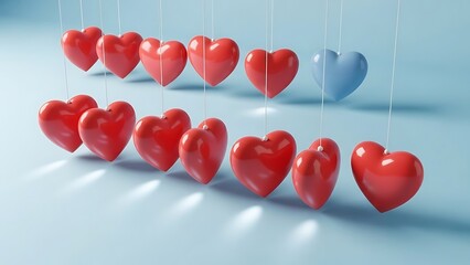 Red hearts floating in air with one silver heart for love and celebration concept