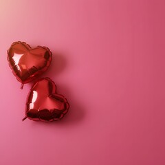Two golden heart-shaped balloons floating on pink background for love celebration