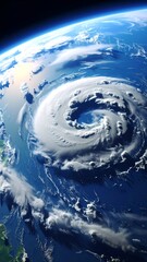 Aerial view of a powerful hurricane swirling over the vast ocean and continents