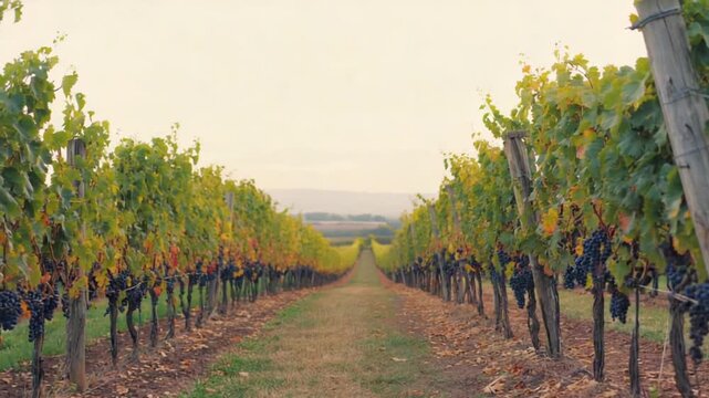 Close-up of vineyard grapes with vine and leaves, fresh red grape harvest.