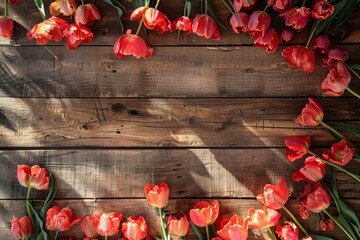Beautiful red tulips creating a frame on a rustic wooden background illuminated by natural sunlight, offering copy space