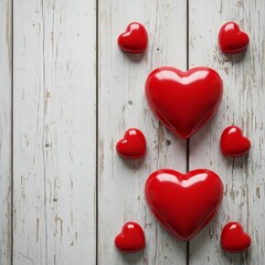 Red glossy hearts arranged in love symbol on rustic wooden background