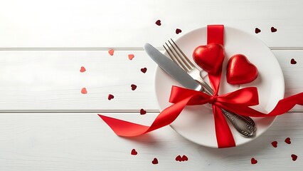 Romantic dinner setup with red hearts and silverware on white plate
