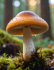 Close-up of a mushroom in a forest, glistening with raindrops