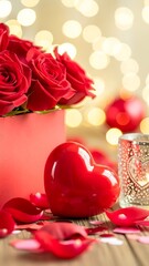 Red roses and heart-shaped gift box with romantic decor for Valentine's Day