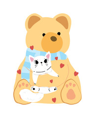 Fototapeta premium Teddy bear with cats vector illustration with cute animal friends and warm pastel colors. Hand drawn romantic design for greeting cards, stickers and nursery prints.