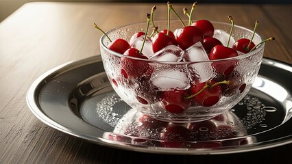Cherries in Glass Bowl on Tray.
