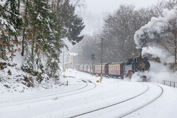 Selketalbahn in Winterlandschaft im Harz