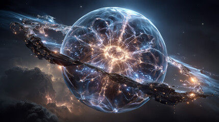 3D rendering of the evolution of stars. The surface of a massive neutron star with large-scale atmospheric disturbances and plasma outbursts