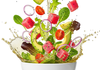 Dynamic splash of fresh ahi tuna, avocado, vibrant greens, and vinaigrette erupting from a white bowl on a clean studio background, high-speed food advertising concept