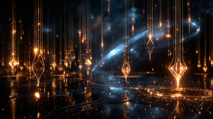 3D rendering of the falling of bright particles. Starfall on a dark background with shiny and glowing asterisks. Perfect bright and glamorous background for festive and solemn compositions