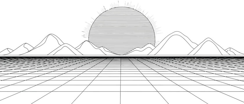 Abstract black and white wireframe landscape depicting a retro sunset or sunrise over stylized mountains and a receding grid horizon line