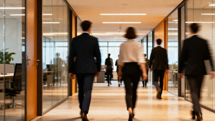 Obraz premium Corporate Office Hallway with Anonymous People Walking, Motion Blur