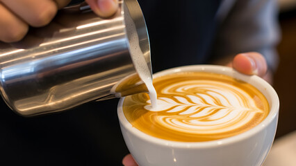 Close Up Barista Making Latte Art Coffee Cafelatte in Coffee Shop Professional Photography