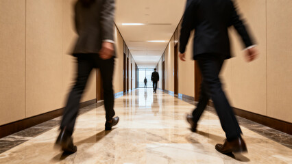 Corporate Office Hallway with Anonymous People Walking, Motion Blur