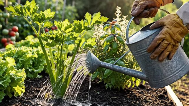Gardener Watering Fresh Celery Plants with a Metal Watering Can in a Thriving Backyard Garden on a Sunny Day