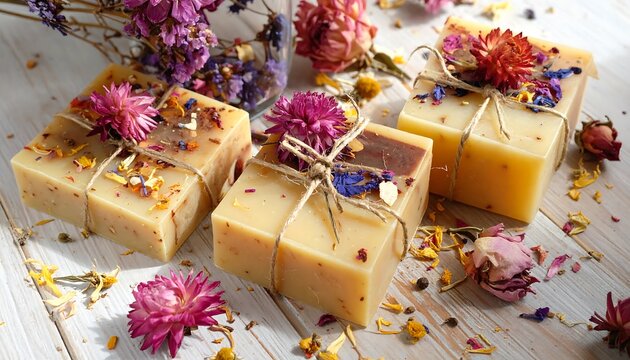 Three handmade square soaps adorned with dried flowers and tied with twine, arranged on a wooden surface with scattered petals and buds