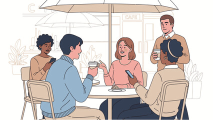 Illustration of diverse group of people socializing over coffee in a modern outdoor setting, conveying a relaxed and friendly atmosphere in the world of business and technology.