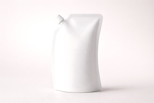 Luxury cosmetic curved refill pouch, matte white packaging, soft-touch texture, premium branding style