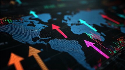 A digital world map with colorful arrows indicating global growth and trends
