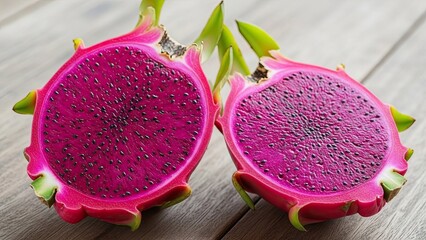 Dragon Fruit Halves on Wooden Surface.