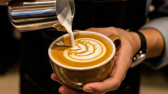 Close Up Barista Making Latte Art Coffee Steamed Milk in Coffee Shop Professional Photography - Powered by Adobe