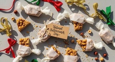 A collection of natural butterscotch candies wrapped in white paper with colorful ribbons. The candies are scattered with nuts and a label reading 'Natural Butterscotch Day'.