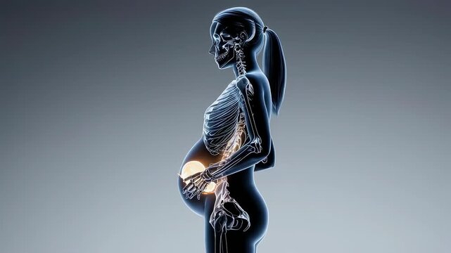 Pregnant woman with visible skeleton and glowing fetus