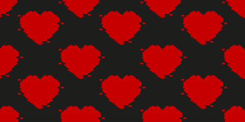 Glitch effect red heart seamless pattern. Modern Valentine's Day Wrapping paper template design with modern Glitch effect red heart isolated black background. EPS 10