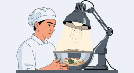A professional chef meticulously inspects a freshly prepared culinary dish, ensuring its perfection under the warm glow of a focused lamp.
