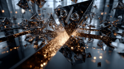 3D-rendering of signs percent, falling into a heap. Volumetric signs with a reflective surface