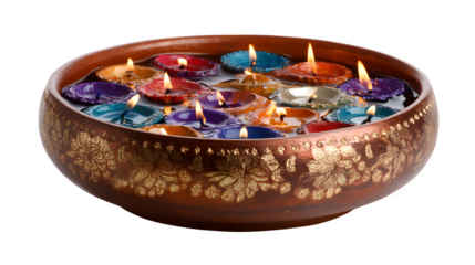 A vintage glass bowl filled with colorful candles serves as a traditional gift and beautiful ornament, creating an isolated silver and gold decoration object on a white background