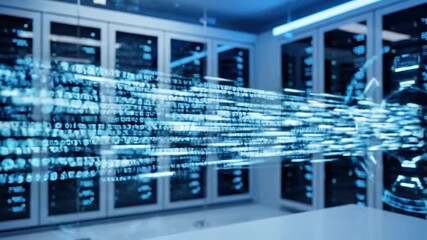 A futuristic server room with a shield symbol surrounded by flowing binary code, representing data protection and cybersecurity - Powered by Adobe