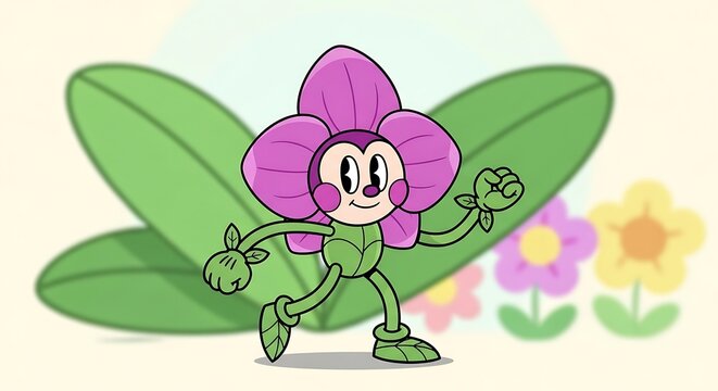Cartoon Character Running with Flowers Background.