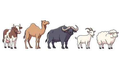 Fototapeta premium Collection of Farm Animals Including a Cow, Camel, Buffalo, Goat, and Sheep
