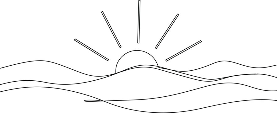 Minimalist continuous line art drawing depicting a stylized sunrise or sunset over undulating hills or ocean waves emphasizing simplicity and dawn.