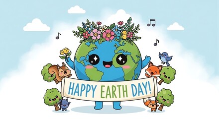 Cartoon Earth Character Celebrating Earth Day with Animals.