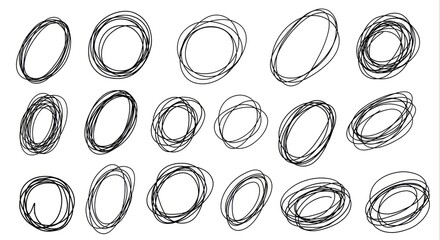 Dynamic Set of Hand-Drawn Scribbled Oval Shapes with Imperfect Contours, Ideal for Abstract Creative Graphic Design Elements