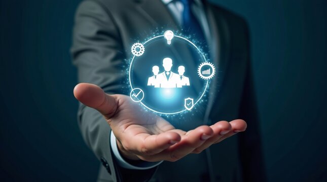 three business-themed human silhouettes, surrounded by icons (gear, lightbulb, chart, checkmark, shield) on a bright blue background. - Powered by Adobe