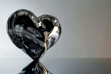 Glossy black heart sculpture with reflective surface. Contemporary decor, luxurious branding, elegant theme, minimalist design.